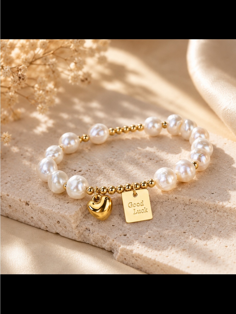 Gold & White Pearl 'Good Luck' Charm Bracelet